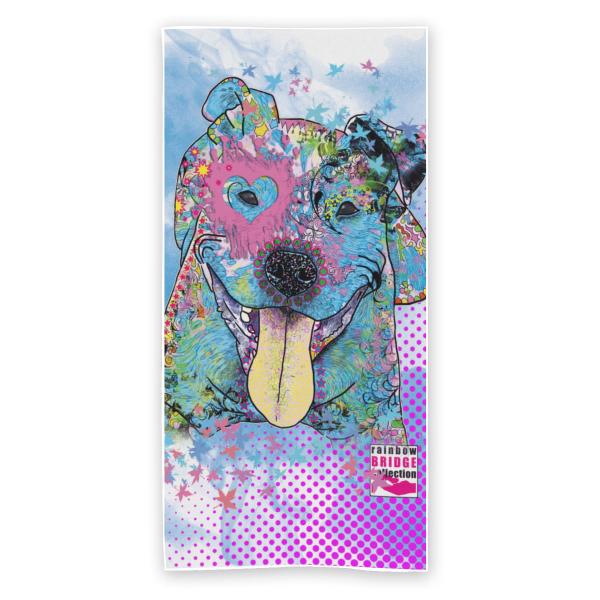 Strandtuch, Badetuch, Saunatuch mit buntem Hundemotiv in digitaler Popart mit Hunde Motiv Momo